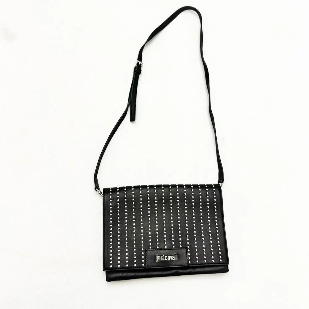 Just Cavalli Black Leather Studded Over The Shoulder Crossbody Tote Purse MINT